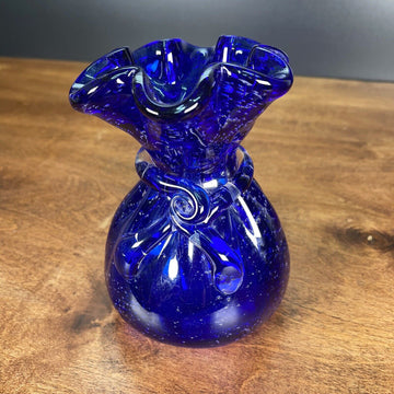 Blue Cobalt Blown Art Glass Vase Smooth Design Fluted Ruffled