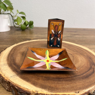 Vintage Abstract Brutalist Copper Enamel Ring Tray & Pen Holder Set