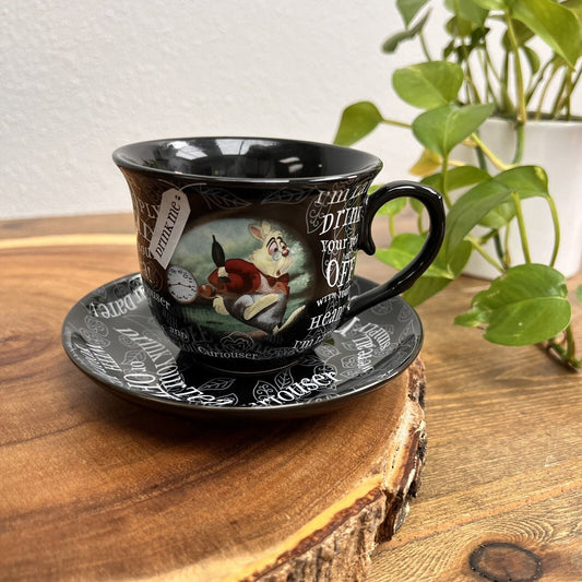 Disney Parks Alice in Wonderland Black Tea Cup and Saucer Rabbit Queen Of Hearts