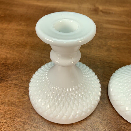 Pair of Vintage White Milk Glass Diamond Pattern Candle Stick Holders Decor 4”