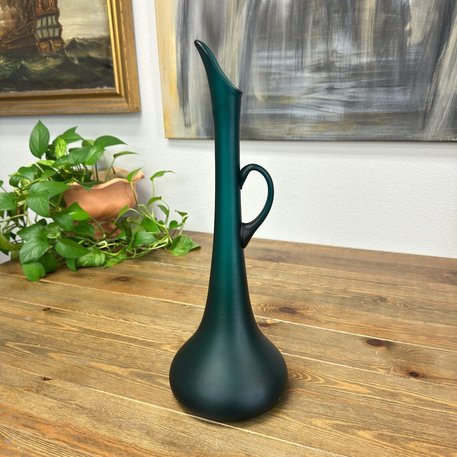 Rare Vintage Empoli Swung Vase Glass Decanter Italy 1960s in Matte Emerald Green