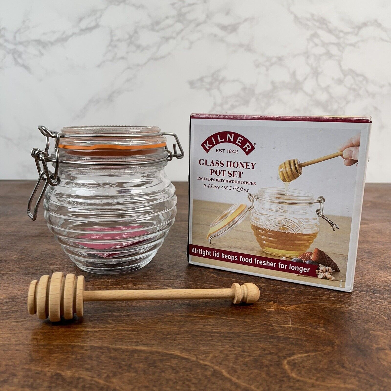 Kilner Glass Honey Pot Set Beechwood Dipper Airtight Lid NEW