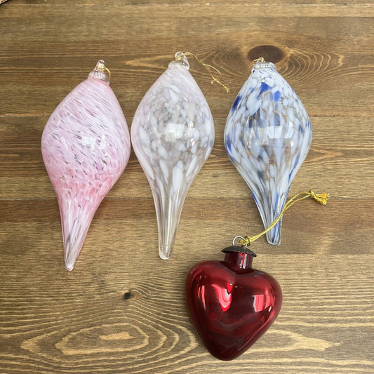 Vintage Art Glass Blown Swirl Teardrop Christmas Ornament 7” Set Of 3 & Heart