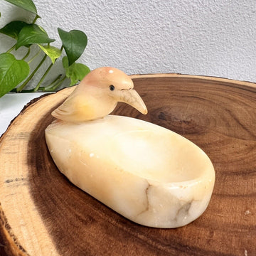 Vintage Soapstone Ivory Smooth Stone Decorative Sculpture Bird on a Bowl