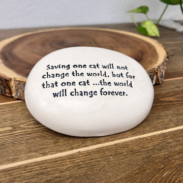 August Ceramics Garden Stone Rock w/Poem “SAVING ONE CAT…” Memories Decor