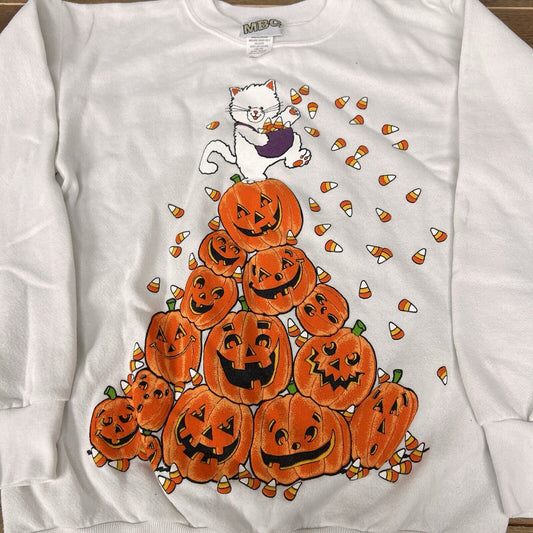 Vintage MBC Halloween Sweatshirt White  Crewneck Pumpkin Cat USA Sz M