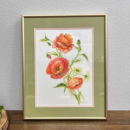 Poppies Watercolor Painting Botanical Wall Decor Red Flower Art Signed & Framed