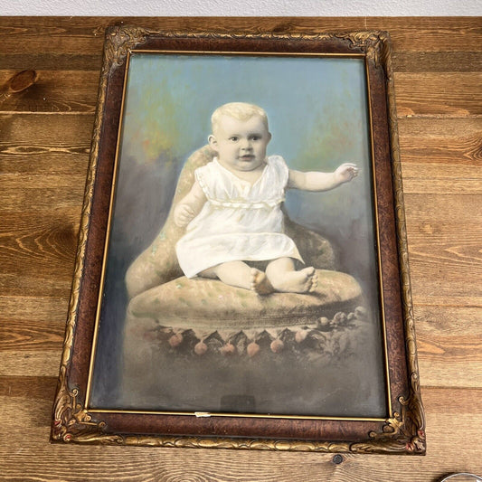 Vintage Canvas Art Baby In White Dress Sitting Framed