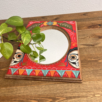 VTG Signed Mexican Folk Art Hand Painted Wood Frame Wall Mirror