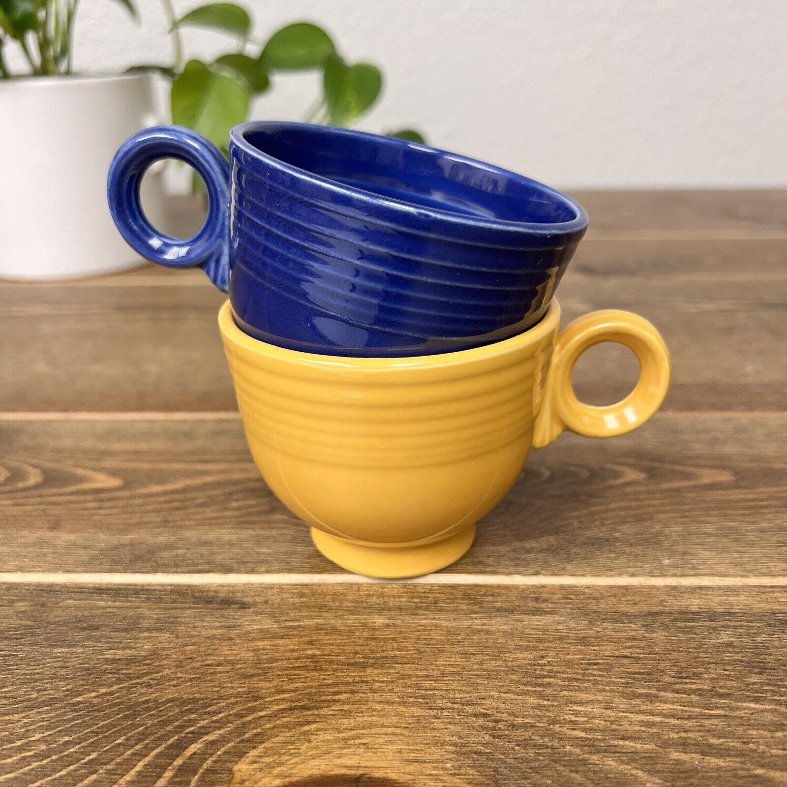 Vintage Fiesta Ware Ring Handle Coffee or Tea Cups Blue & Yellow Replacement