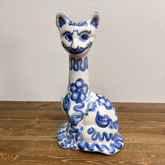 Vintage M. A. Hadley CAT VASE Blue & White Stoneware Pottery