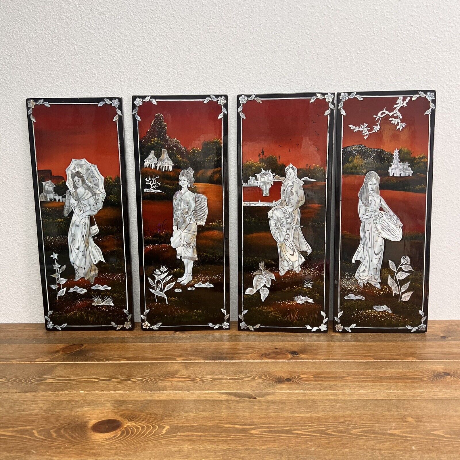 Mother of Pearl Black Lacquer Art Plaque Panels Asian Set Of 4Pcs  Vintage