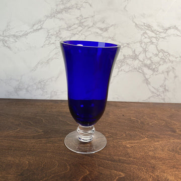 Cobalt Blue Glass Vase at 9” Tall with Clear Stem and Base