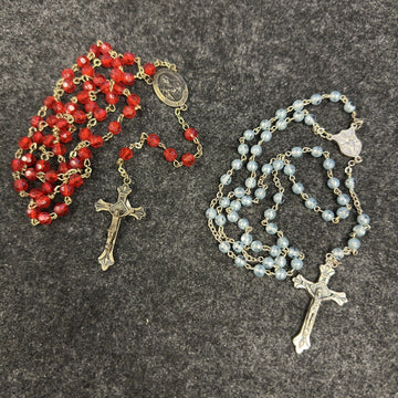 Pair of Vintage Catholic Rosary Round Rhinestone Beads in Pearl Blue & Deep Red