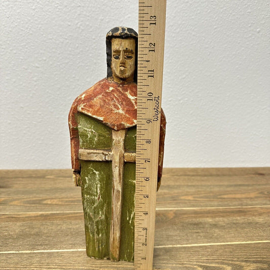 Vintage Santos 13" Wooden Rustic Hand Carved Painted Religious Statue Decor Monk