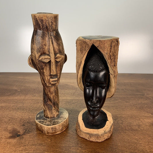 Set of 2 Handmade Ghana African Wooden Statue Figures Rare Home Decor