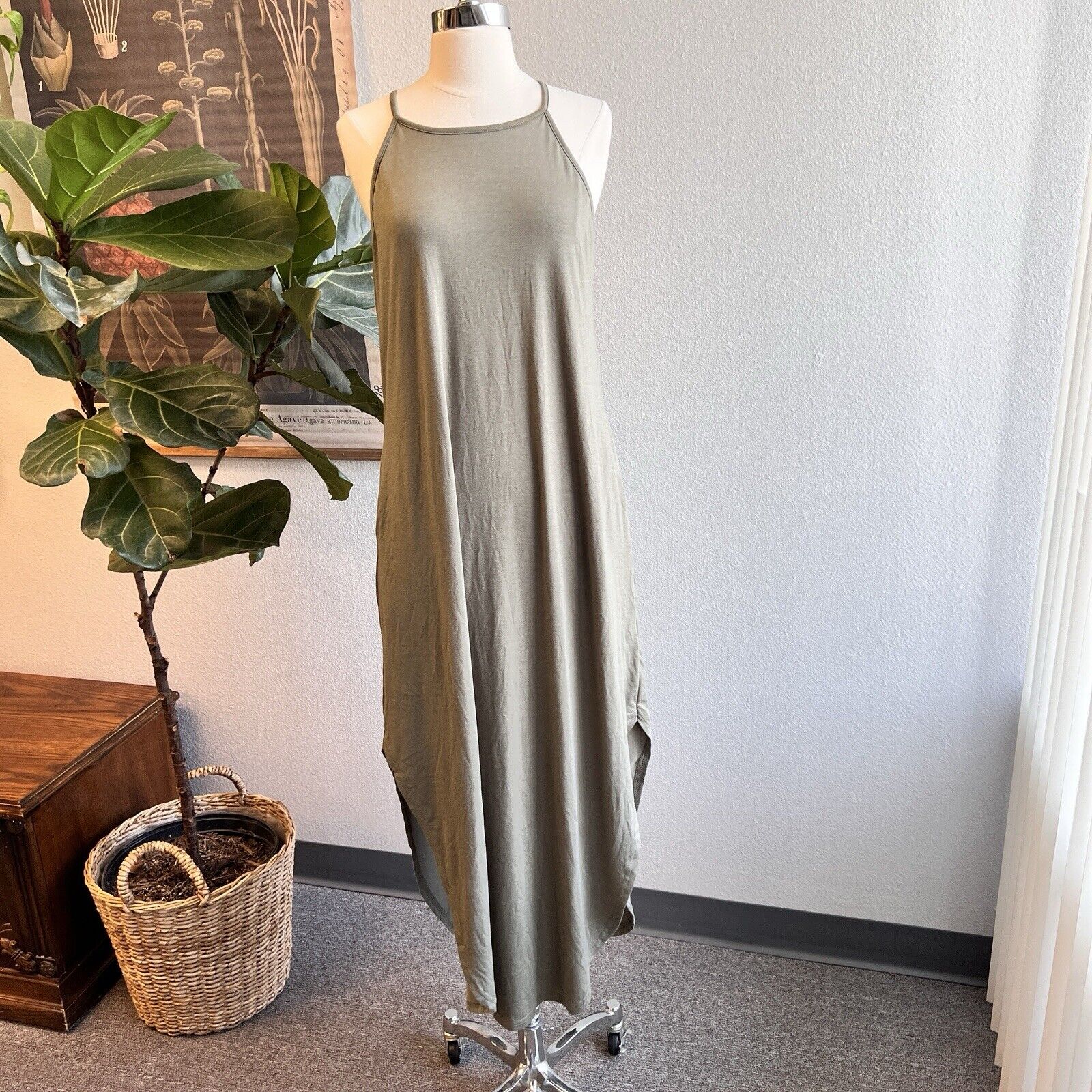 Anrabess Olive Green Maxi Sundress Pockets Casual Beachy Short Sz M