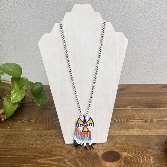 Vintage seed bead necklace Navajo Indian Eagle black red white yellow art