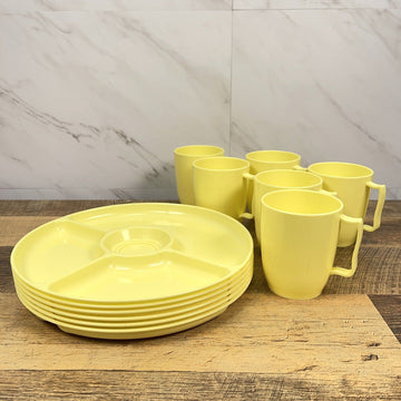 Hawkeye Melamine Ware Burlington Basket Co 5 Divided Plates & 6 Mugs Yellow