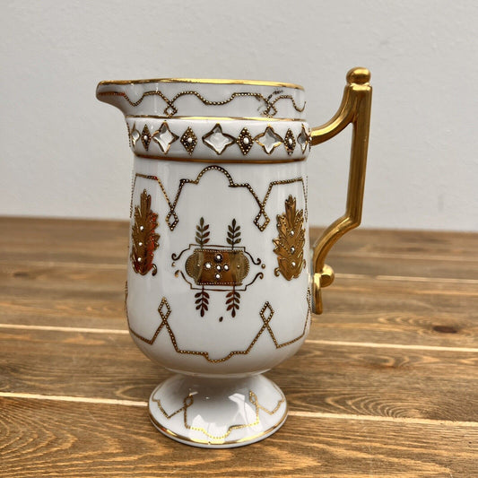 Vintage UCAGCO White and Gold Moriage  Footed Pitcher