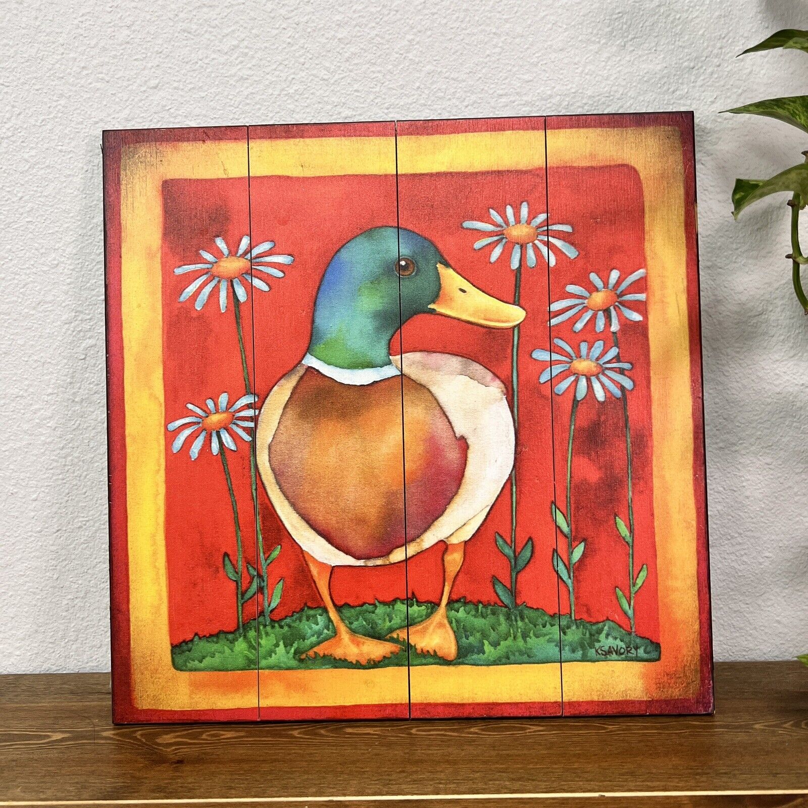 Whimsical watercolor duck print on wood, artwork by Karen Savory USA