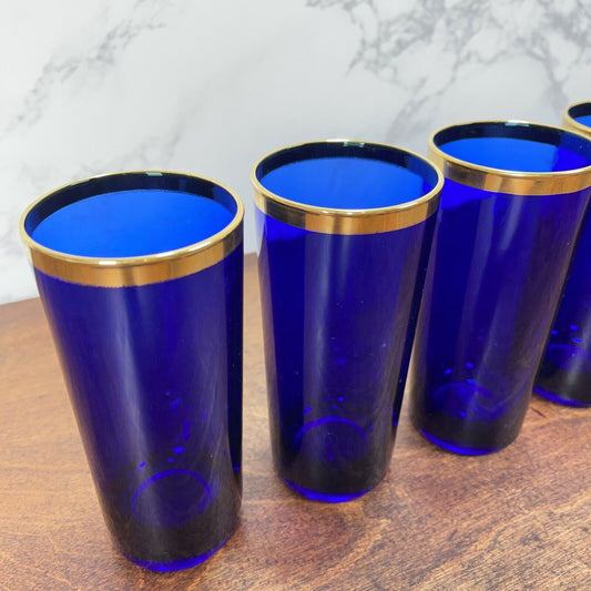 Set of 6 Reims France Cobalt Blue Gold Trim Iced Tea Highball Glasses