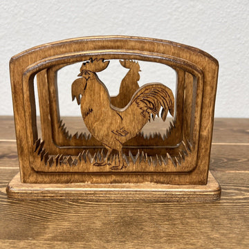 Vintage Hand Crafted Wooden Rooster Chicken Napkin Holder, Farmhouse Country