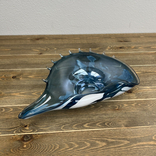 Art Glass Hand Blown Ocean Wave Shell Large Bowl Blue and White Poland