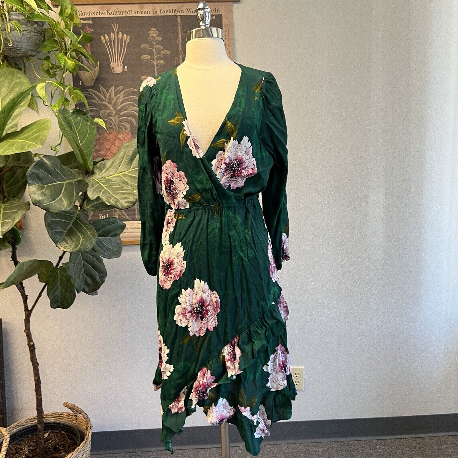 Anthropologie Plenty By Tracy Reese Aleah Green Floral Faux Wrap Dress Sz M