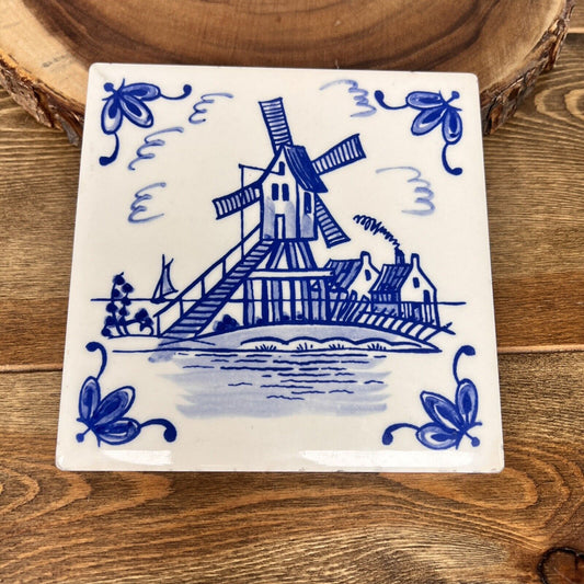 Ceramic Trivet Hand Painted Windmill Dutch Delft Blue & White Art Tile USA 6x6"