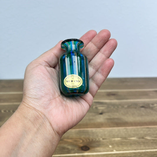 Murano Small Glass Bottle Cobalt Blue Green Gold Aventurine Stripes By Godinger