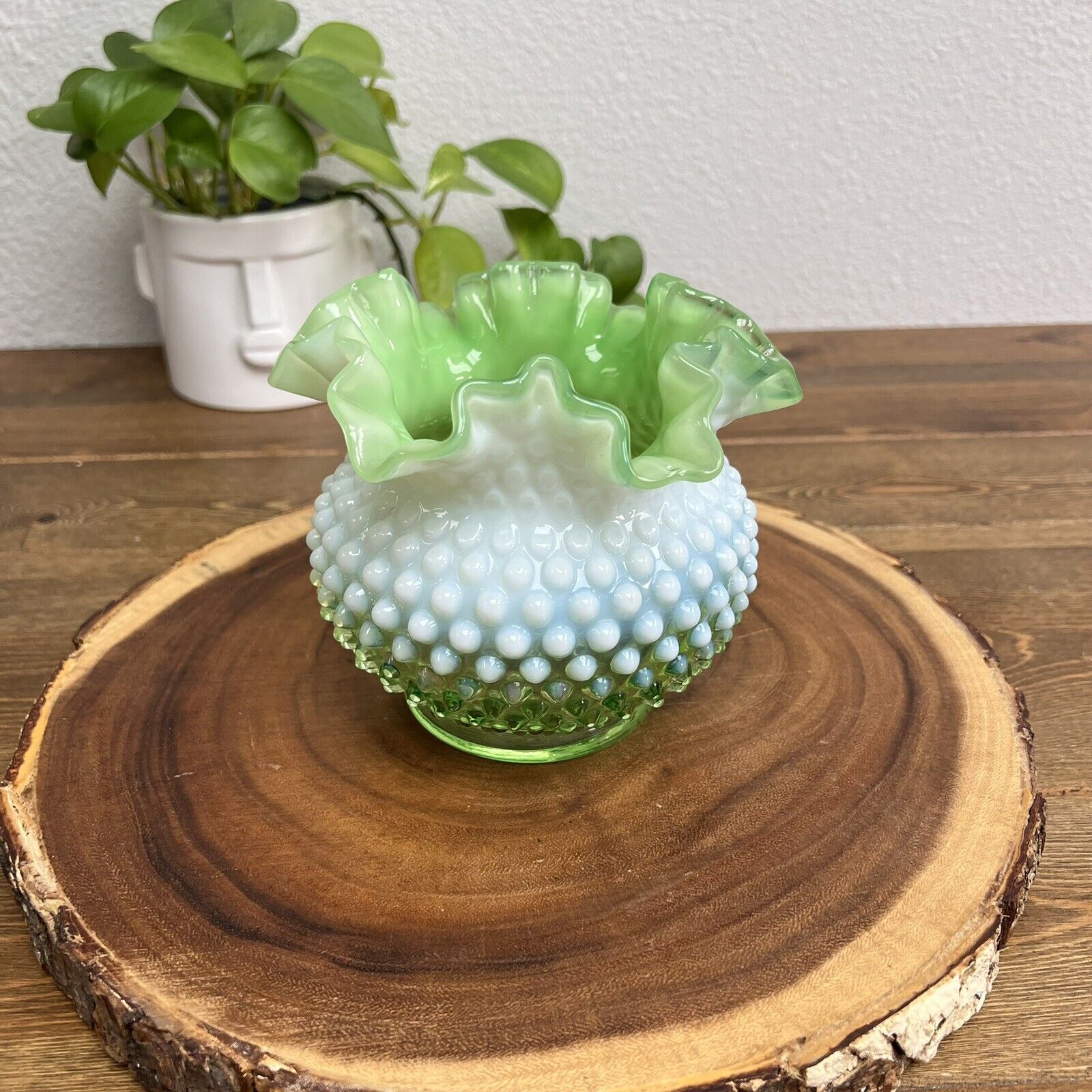 Fenton Vintage Green Hobnail Ruffled Rose Bowl Vase Glass