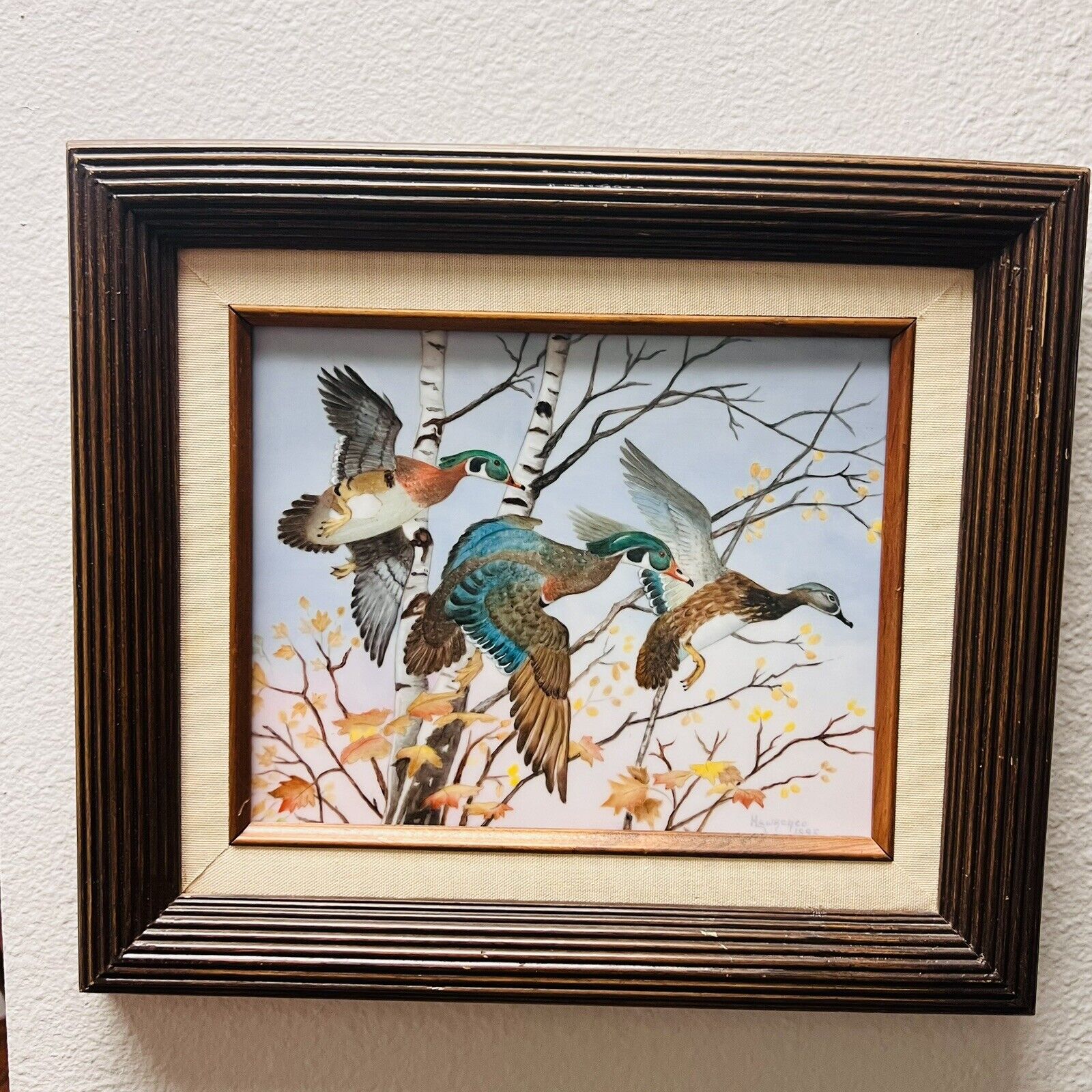 Vermont Ducks Painting on Heavy Tile Signed Hawrence in Wood Frame 1995