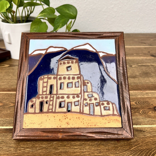 Vintage Adobe House Art Tile Made in Italy 6" Square Wood Frame