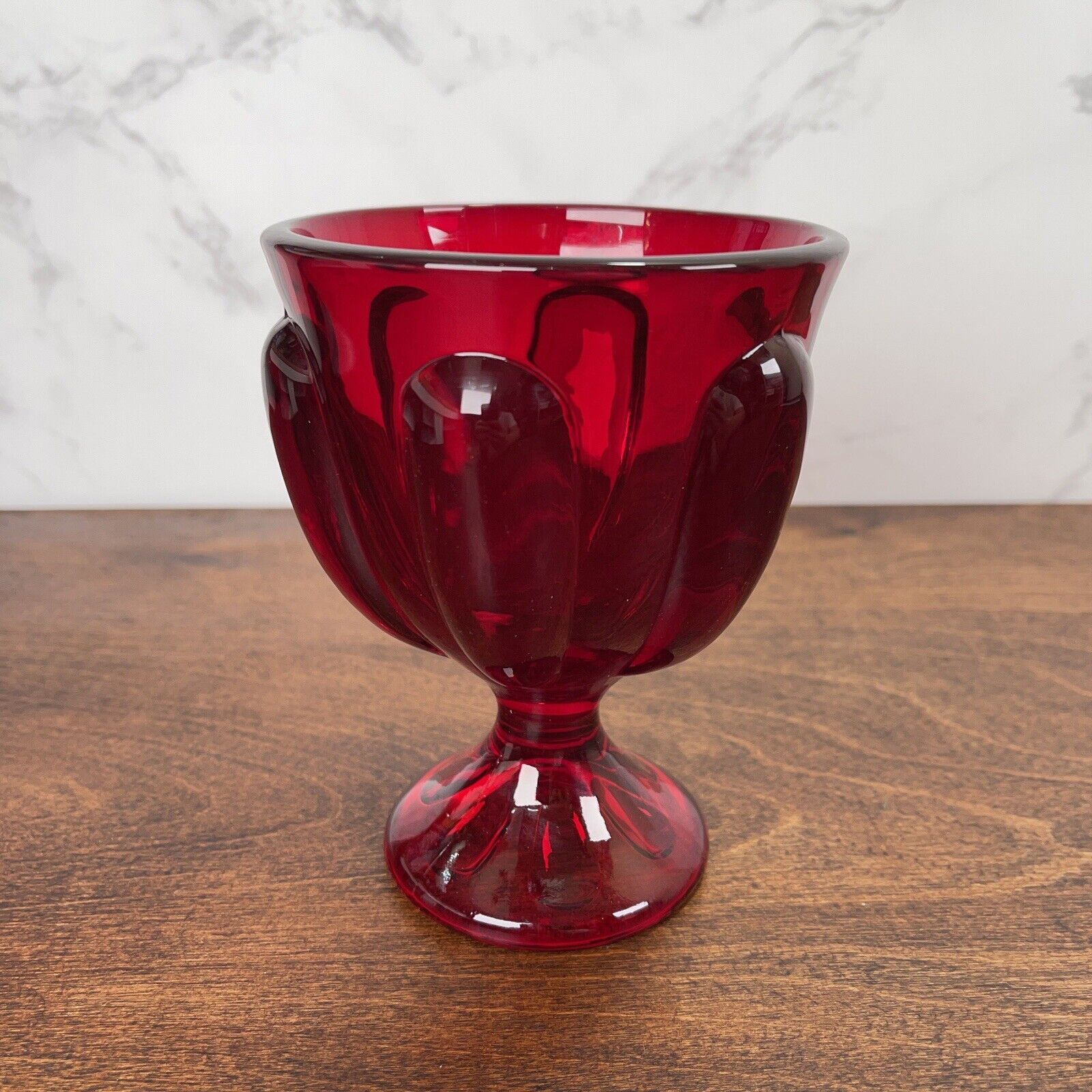 Viking Ruby Red Six Petal Glass Candy Pedestal Bowl Dish