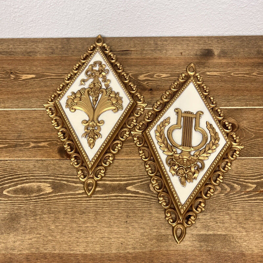 Vintage 1971 Diamond Shaped Gold Color Homco Wall Hanging Art Plaques