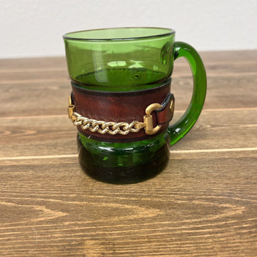 Vintage green mug with genuine leather gold removeable bit buckle Made In Italy