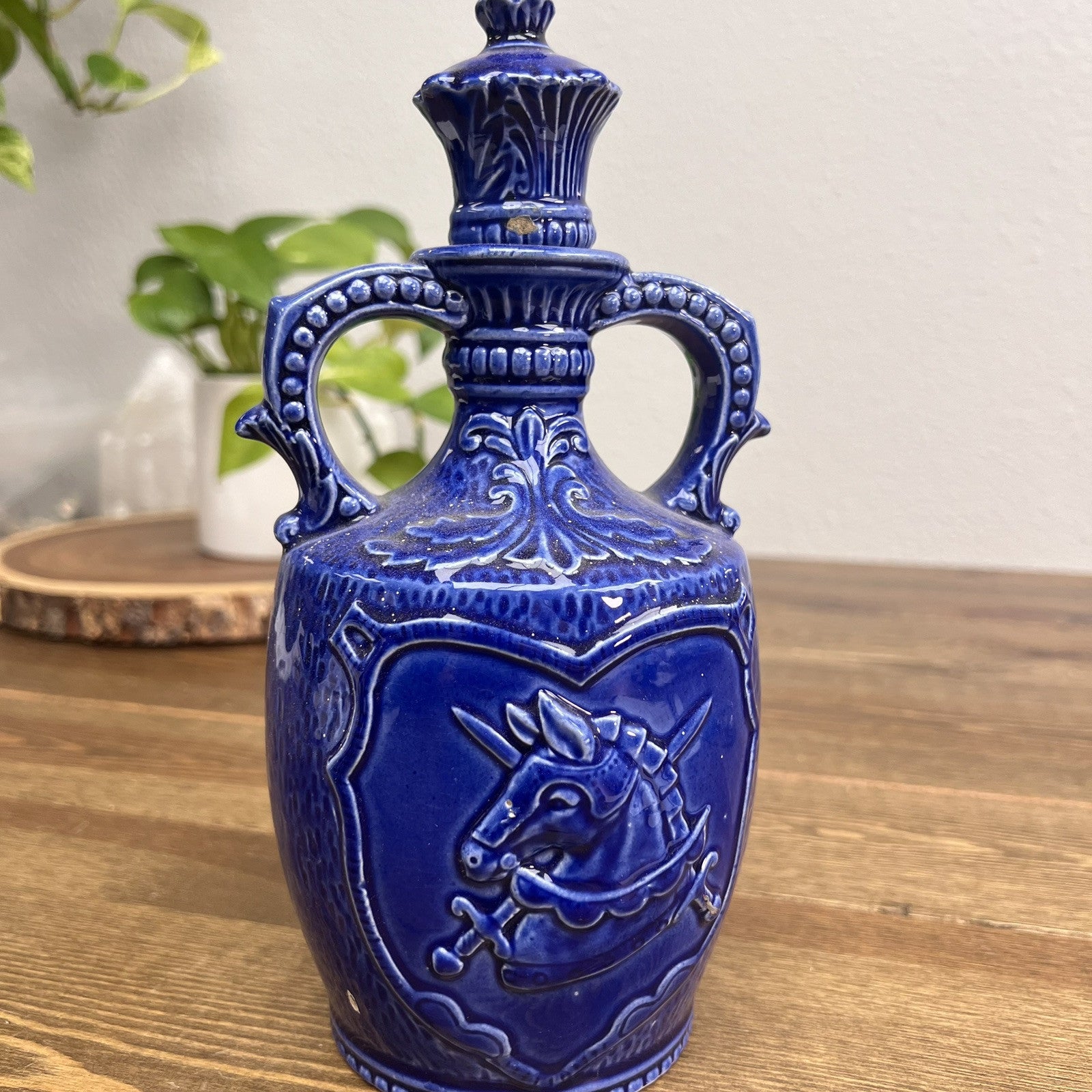 Vintage Ceramic Cobalt Blue Double Handled Urn  Music Box Plays When Lifted