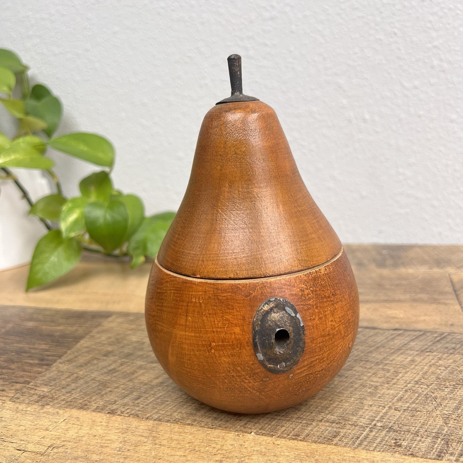 Wooden Pear Shaped Tea Caddy Reproduction Trinket Box 7” Hinged Lid Faux Lock