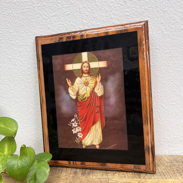 Vintage Jesus Christ Sacred Heart On Glossy Wood