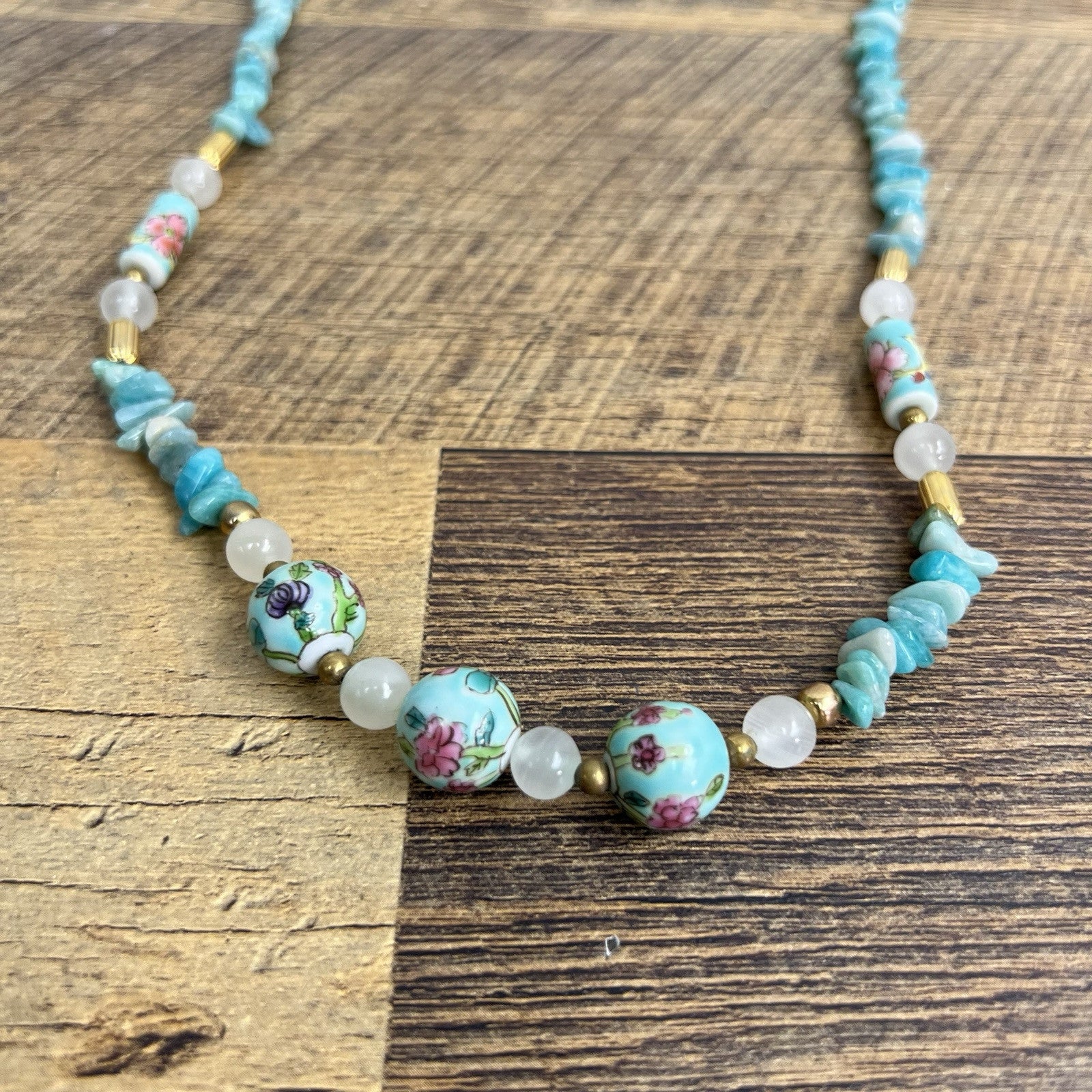 Vintage Chinese Bead Necklace Painted Porcelain