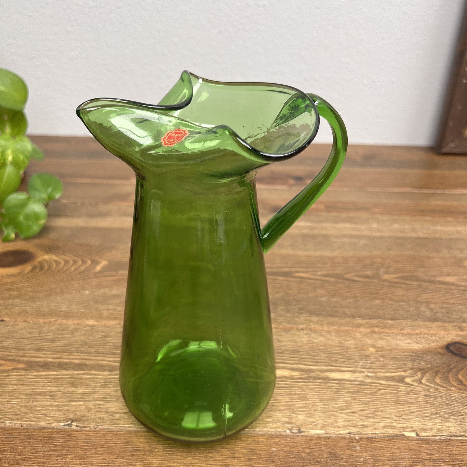 Vintage Green Glass Pitcher Made in Italy Pinched Spout Applied Handle Very Nice