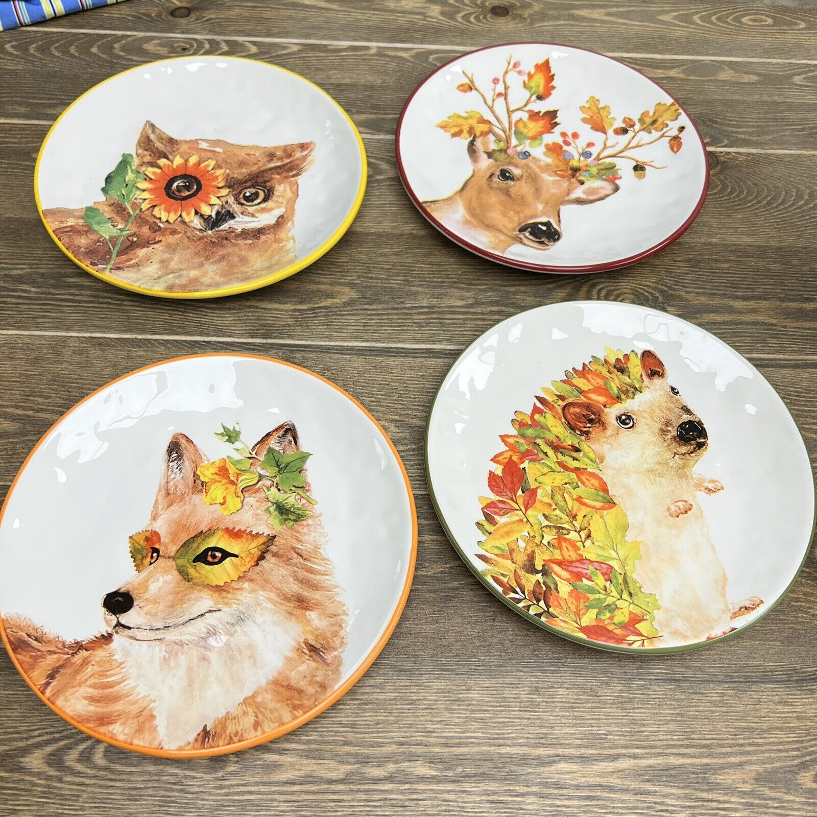Pier 1 Harvest Garden Critters Fall Plate Set of 4 Owl, Fox, Deer, Hedgehog