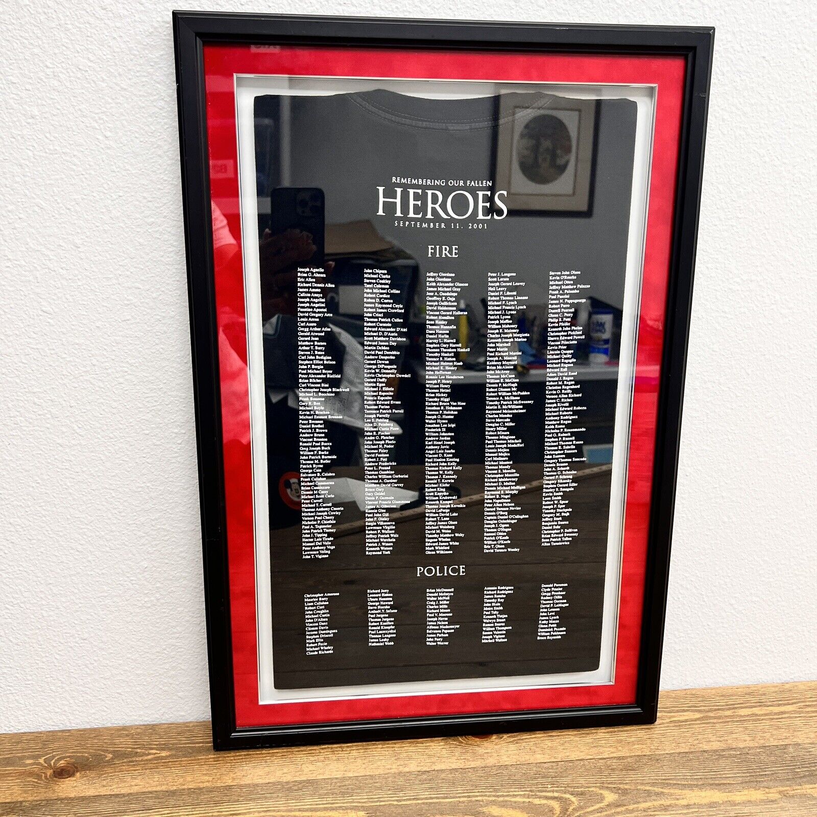Framed 9/11 T-Shirt Hero's Names of NYPD FDNY Vintage Wall Decor